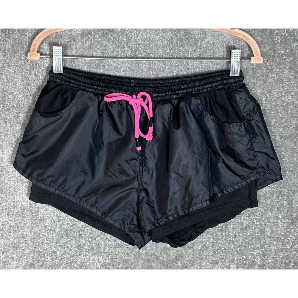 High Energie Lined Mini Running Shorts Womens Sz Large Black Pockets Drawstring